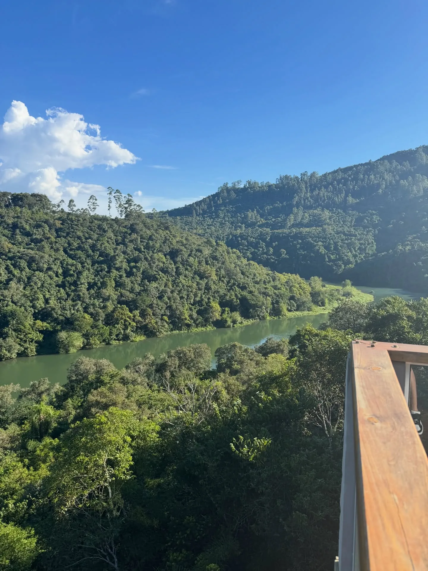 Curva do rio entre morros de mata fechada, ao fim da tarde
